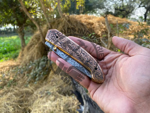 Prestigious Handmade <b>Engraved</b> Folding Pocket Knife D2 Steel <b>Engraved</b> Blade Handcrafted Leather Sheath <b>Engraved</b> Copper Handle - Product Image 3