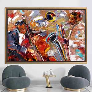 Jazz Symphony: Saxophone, Cello, Trumpet Printed Canvas Wall Art,GOLD <b>FRAMED</b> CANVAS - Product Image 1