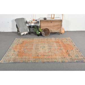 Alfombra de lana azul y naranja vintage, 5'1 \ "X 8 ', hecha a mano, estilo Tabriz, felpa, altura, forma rectangular, Patchwork para látex vivo - Product Image 1