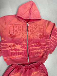 Sweat à capuche vintage personnalisé en coton épais et délavé à l'acide Sweat à capuche surdimensionné lourd avec impression et survêtement zippé en strass pour hommes - Product Image 3