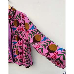 Pink Hand Embroidered Woven Cotton Blazer <b>Mandarin</b> <b>Collar</b> Full Sleeve Floral Pattern Women's <b>Jacket</b> Winter - Product Image 2
