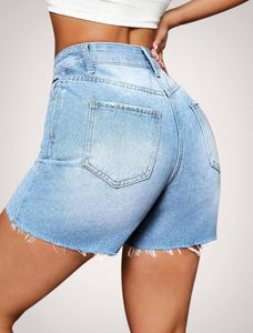 Short en jean pour femmes Short en jean décontracté extensible taille haute déchiré ourlet effiloché Jorts d'été à la mode cinq poches pratiques - Product Image 2