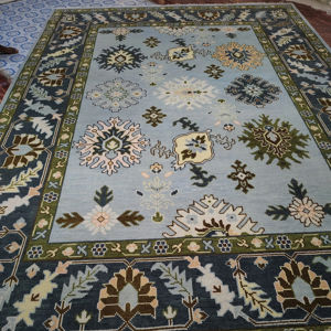 Tapis d'intérieur en laine noué à la main, tapis floral oriental bleu-vert, tapis traditionnel fait main avec bordure pour salon et chambre à coucher - Product Image 1