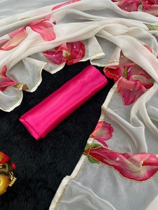 Diseñador exclusivo Atractivo y brillante Color Fancy Floral Printed Tabby Organza Silk Rutine Wear & Party Wear Ladies Saree - Product Image 4