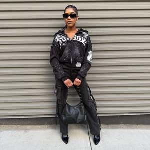 Heavy Weight Raw Hem Cut Baggy Stacked Oversize Camo Print Full Zip up Streetwear Fabricante Recortado Pantalones de chándal y conjunto con capucha - Product Image 4