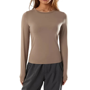 Camiseta de manga larga para mujer, algodón transpirable, cuello redondo, Color sólido, camisas superventas para mujer - Product Image 3