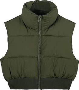 Chaleco acolchado de lona estilo callejero para mujer, chaqueta de invierno con cuello levantado, cuello alto, cremallera, diseño recortado a la moda - Product Image 2