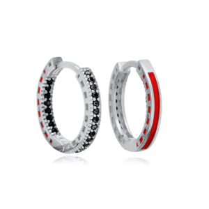 Boucles d'oreilles créoles élégantes en argent sterling 925 plaqué or avec zircon noir 15 mm et émail rouge pour soirée - Product Image 6