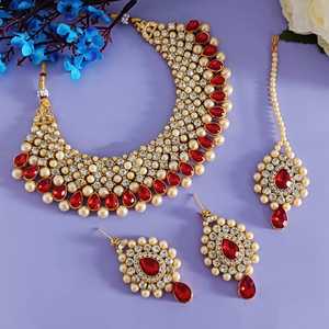 Mayorista Indio Étnico Chapado en Oro Piedra de Cristal Faux Perla Collar Pendientes de Gota con Maang Tikka Conjunto de Joyas para Mujer - Product Image 1