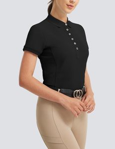 Chemises d'équitation équestre pour femmes polos à manches courtes évacuant l'humidité pour le travail de tennis de golf avec bouton col en v - Product Image 1