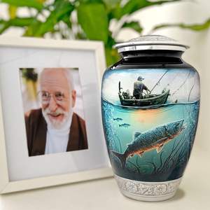Urna de pesca de latón de Metal grande hecha a mano al por mayor de fábrica directa, urna de cremación decorativa conmemorativa moderna, tema de pesca de cenizas - Product Image 3