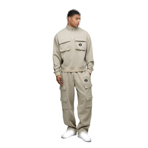 Ensemble de survêtement cargo en molleton lourd 440GSM pour hommes, pull à demi-zip avec pantalon de jogging multi-poches, vêtements de rue chauds pour l'hiver, sweats à capuche - Product Image 1