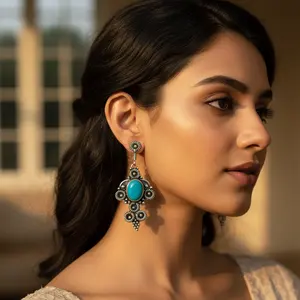 Boucles d'oreilles pendantes géométriques plaquées or avec pierre précieuse bleue pour femmes, bijoux de mariage et de fête - Product Image 3