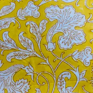 Saffron หมอนผ้าคอตตอนลายดอกไม้อินเดียสีเหลืองและสีขาวพิมพ์ลาย100% ม่านเสื้อผ้าของผู้หญิง