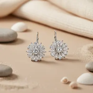 Pendientes de Plata con Circonita Cúbica en Forma de Flor para Mujer, Clásicos y Modernos, Colgantes para Fiestas, Hechos de Latón y Cobre - Product Image 1