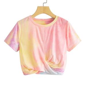 100% coton cravate teinture haut court T-Shirt anti-rétrécissement décontracté été tricoté T-Shirt avec Logo avant pour les fêtes - Product Image 1