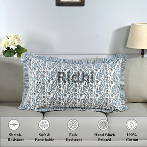 Housse de coussin lombaire RIDHI 20x36 bleu ciel à volants floraux, imprimée à la main, en coton, personnalisable, amovible, lavable, pour décoration intérieure - Product Image 5