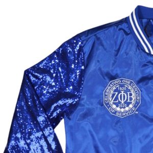 Zeta Phi เสื้อแจ็กเก็ตปักเลื่อม Centennial สำหรับใส่ไปงานปาร์ตี้สีฟ้าแวววาวเสื้อผ้าชีวิตชาวกรีกตามสั่ง - Product Image 4