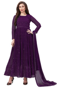 Trendmalls ชุด Anarkali Kurta ปักลายผ้าจอร์เจียแท้สำหรับสตรีพร้อมชุด Salwar สีม่วง (G88)-สไตล์ชาติพันธุ์ - Product Image 4
