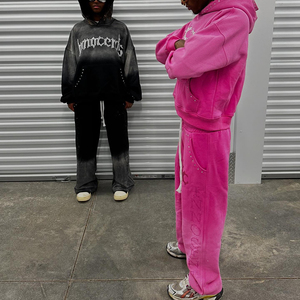 Precio bajo personalizado serigrafiado Logotipo de gran tamaño lavado con ácido diamantes de imitación 100% algodón pantalones de chándal holgado con capucha conjunto ropa de calle chándal - Product Image 3