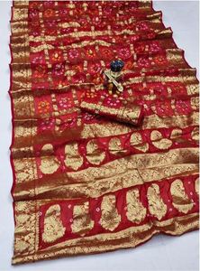 Sari de Seda Artística Bandhej de Primera Calidad para Fiestas, Colección Festiva, Ropa Étnica para Mujer, Sari de Seda Artística Bandhej a Bajo Precio por Exportador - Product Image 4