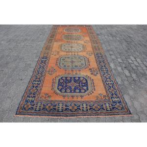 Alfombra Turca Vintage de 4.7x12.4 pies, Alfombra de Pasillo, Alfombra de Lana a Rayas Azules y Naranjas - Product Image 1