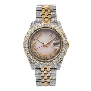 Luxurious Two Tone Moissanite Diamond Automatic Fashion Watch with 36mm Pink <b>Tint</b> Dial Roman Numerals and Full Diamond Setting - Product Image 2