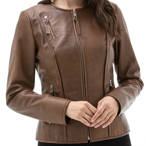 Chaqueta de Cuero Estilo Motero de Piel de Oveja Marrón para Mujer, Totalmente Personalizada con Forro Interior de Viscosa Suave, Cierre Frontal con Cremallera - Product Image 4