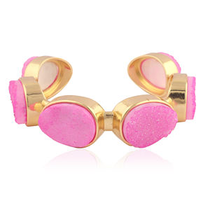 Natural <b>crystal</b> pink agate sugar druzy open cuff <b>bracelet</b> 18k gold plated chunky statement jewelry multi stone bangle <b>bracelet</b> - Product Image 1