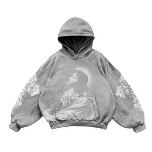 Sweat à capuche en polaire d'hiver avec impression personnalisée, 100% coton, poids lourd, 400 g/m², délavage acide, décoloration au soleil, strass, coupe classique, pull-over - Product Image 1