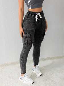 กางเกงยีนส์ขาตรงเอวสูงฟอกสีเข้มแฟชั่นวินเทจของผู้หญิงซักได้แบบลำลองฤดูร้อน - Product Image 5