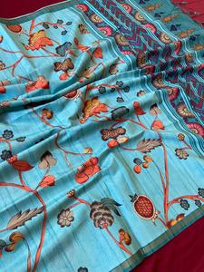 Sari en soie Tussar douce pour femmes avec bordure attrayante et blouse à imprimé contrasté, franges, nouveaux styles, fabriqué en Inde - Product Image 2