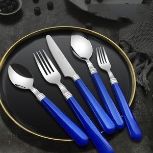 Juego de 5 cubiertos de acero inoxidable, utensilios de cocina ideales, mesa de regalo para el hogar, cubiertos terminados chapados en Color plateado, mango redondo azul - Product Image 1