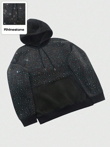 Sudadera con capucha para hombre de alta calidad con diseño callejero americano, decoración de diamantes de imitación, patrón sólido, todo el logotipo de diamantes de imitación en la parte delantera - Product Image 5