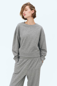 Sweat-shirt court à la mode pour femmes gris chiné coton éponge à capuche côtelé poignets ourlet imprimé décontracté vêtements d'hiver tombé - Product Image 6