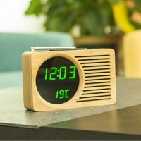 Réveil numérique en bois de bambou Huayang 2602 avec radio FM, affichage de la température, commande vocale, horloge de bureau 12/24H