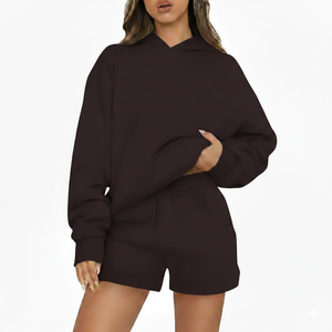Ensemble sweat-shirt et short pour femme, couleur unie, 100% coton, décontracté, coupe ample, tenue deux pièces, style streetwear, confortable pour tous les jours - Product Image 1