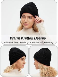 Unisex Satin Silk Lined <b>Slouchy</b> <b>Beanie</b> Warm Knit Cuffed <b>Hat</b> - Product Image 3
