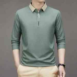 T-shirt gaufré à manches longues et col rabattu pour homme Polo décontracté d'affaires Tee-shirt - Product Image 3