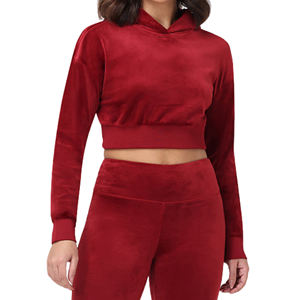 2026 Women's Cropped <b>Hoodie</b> Heavyweight <b>Velour</b> Plain Velvet Pullover Sweatshirt Elastic Hem Custom Logo Solid Blank Warm Badge - Product Image 2