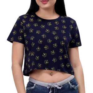 Women Crop <b>Top</b> T-Shirt <b>Navy</b> Blue Cartoon Print Crew Neck Short Sleeve Casual Jersey 100% Cotton Spring Summer - Product Image 1
