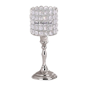 Centro de mesa de boda con cuentas de cristal de alta calidad, pedestal plateado, de Metal Base, soporte de vela hecho a mano - Product Image 3