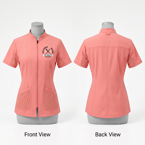 Veste de barbier pour femmes, 220 GSM, polyester et élasthanne de qualité supérieure, rose, fermeture éclair sur le devant, design à panneaux contrastés, broderie personnalisée, logo imprimé - Product Image 4