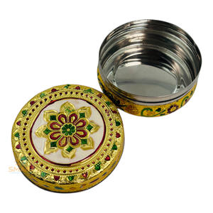 Meenakari Dibba redondo chapado en oro de acero inoxidable para decoración del hogar y regalos - Product Image 4