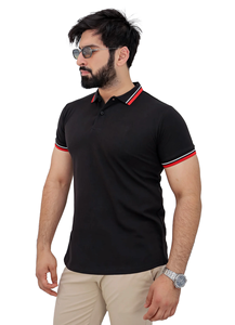 Polo noir à manches courtes avec garniture contrastée pour hommes T-shirt décontracté en coton Slim Fit Summer Wear T-shirt polo de couleur unie - Product Image 4