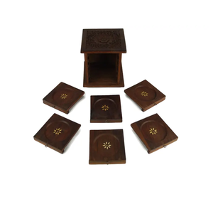 Sous-verre sculpté en bois ensemble de 6 tampons de tasse vintage avec support fleur orné boîte barre accessoires grande idée cadeau - Product Image 2