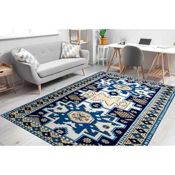 Blue Medallion Turkish Rug Ethnic Anatolian Art Rug Printed Chenille Rug Patchwork Wool Latex Eco-Friendly Traditional Design