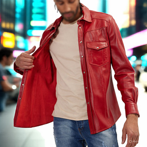 เสื้อเชิ๊ตหนังเทียมสำหรับผู้ชาย, เสื้อเชิ๊ตแขนยาวลำลองเสื้อเชิ๊ตผู้ชายหนังวัวแท้ซิปขึ้น - Product Image 1