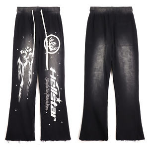 Pantalon évasé pour hommes avec logo personnalisé OEM Pantalon de survêtement en soie lourde imprimé soleil délavé jambe droite à ourlet brut Techniques de strass - Product Image 1