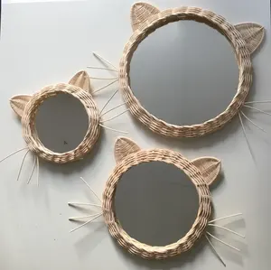 Rotan Gambar Hewan Cermin Desain Modern Buatan Tangan Cermin Dinding Rotan Berbentuk Kucing Cermin Dekoratif Kecil untuk Kamar Anak
